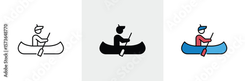 Man paddling a canoe using an oar is presented in three different styles