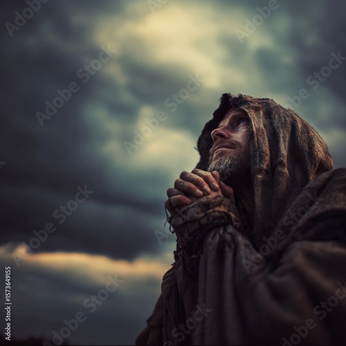 Penitent Monk Under Stormy Sky: A lone monk, cloaked and hooded, kneels in prayer beneath a dramatic, stormy sky. His posture conveys humility and faith amidst the tempest. 