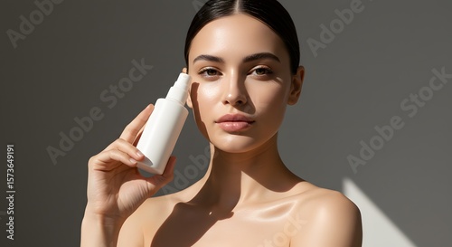 Beautiful Woman Holding Cosmetic Bottle, Skincare, Beauty Concept