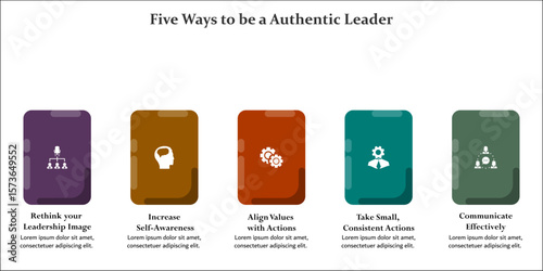 Five ways to be an authentic leader. Infographic template with icons and description placeholder