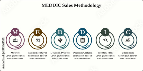 MEDDIC Sales Methodology. Infographic template with icons and description placeholder