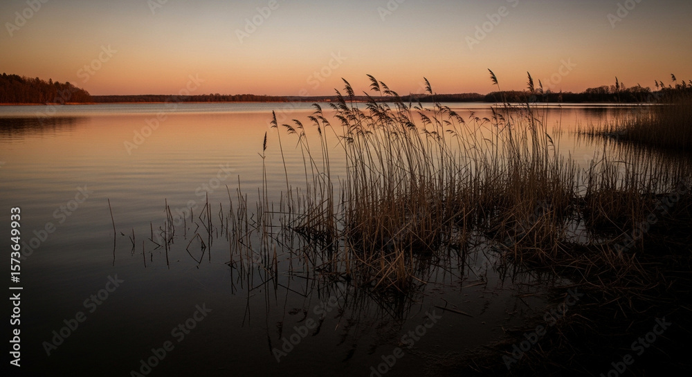 Serene Sunset over Calm Lake Waters with Reeds Serene Sunset over Calm Lake Waters with Reeds