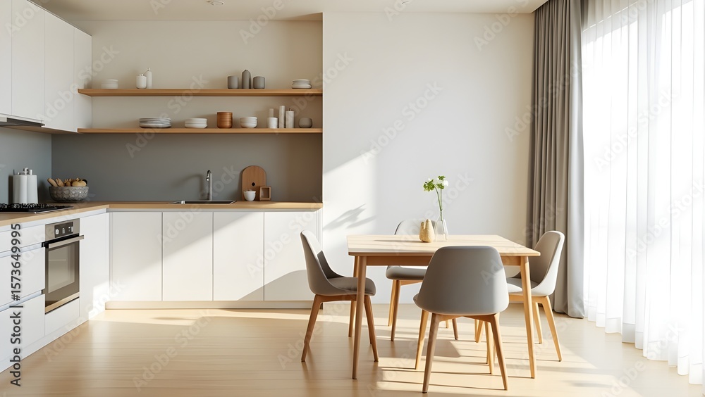 Fototapeta premium Modern Bright Open-Plan Kitchen and Dining Area