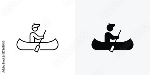 Simple line art shows a person paddling a canoe with a paddle