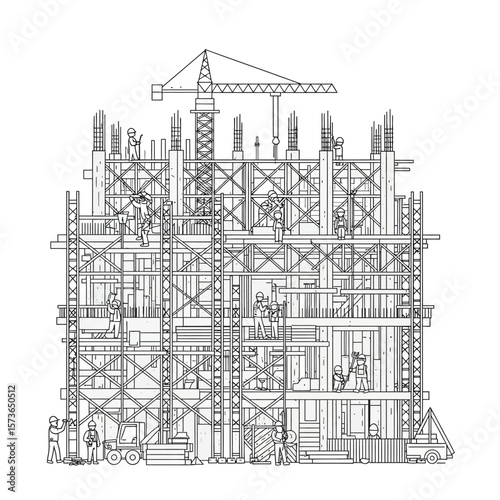 Detailed line art illustration of a construction site with workers, scaffolding, and a crane building a multi-story structure.