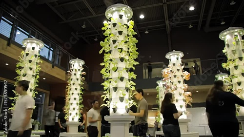 Wallpaper Mural Indoor vertical farm with illuminated hydroponic towers and people viewing the produce Torontodigital.ca