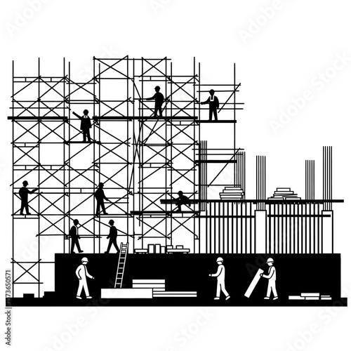 Construction workers building a structure, utilizing scaffolding and materials.