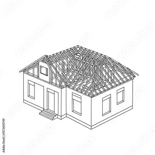 House under construction, showing detailed roof framing and wall structure.