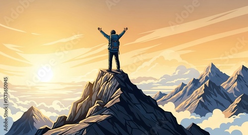Adventure Awaits – Young Hiker Reaching Mountain Peak During Stunning August Sunrise in the Wilderness