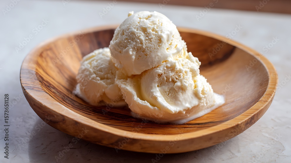 Three scoops of vanilla ice cream in a wooden bowl sitting on a marble countertop surface, top view Three scoops of vanilla ice cream in a wooden bowl sitting on a marble countertop surface, top view