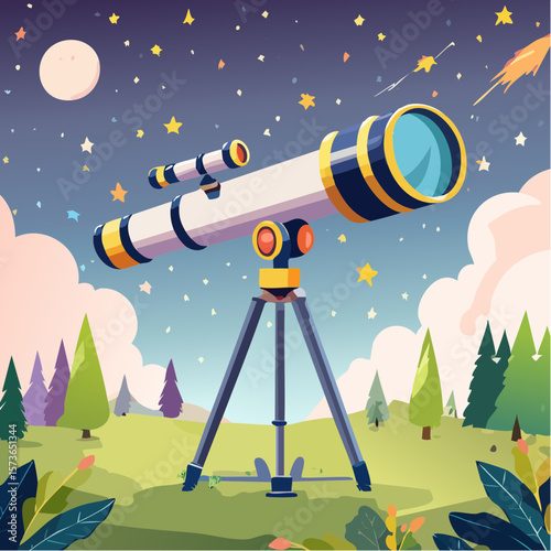Stargazing Telescope on Green Landscape: A detailed illustration shows a large telescope poised on a tripod. It is observing the night sky, with vibrant stars and a full moon in the backdrop.