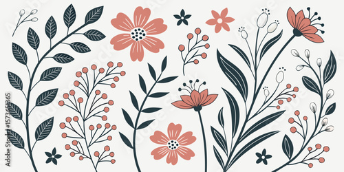 Floral Arrangement: An elegant artistic composition of intricate leaves and vibrant blooms in full view, rendered in a refined artistic style.