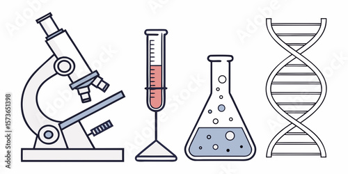 Scientific Lab Equipment Set: The line art illustrations of laboratory equipment including microscope, Erlenmeyer flask, graduated cylinder, and DNA helix symbolizing exploration and discovery.