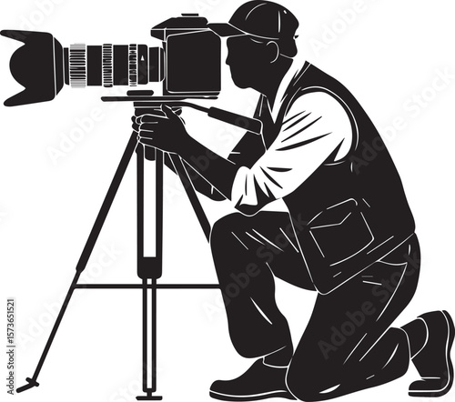Professional Photographer Kneeling, Capturing the Perfect Shot with DSLR Camera