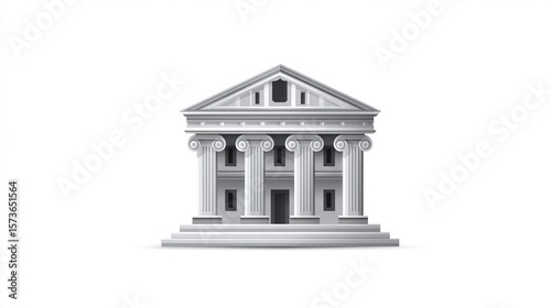 A grayscale illustration of a classical-style building, featuring a pediment roof, four ionic columns, and a raised platform base. It's rendered in a realistic 3D 