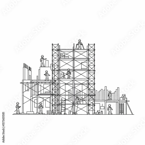 Illustration showing construction workers building a structure with scaffolding and various building elements.