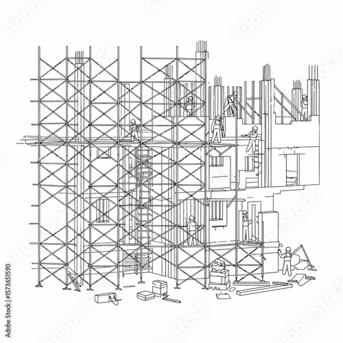 Construction workers on scaffolding surrounding a partially built building.