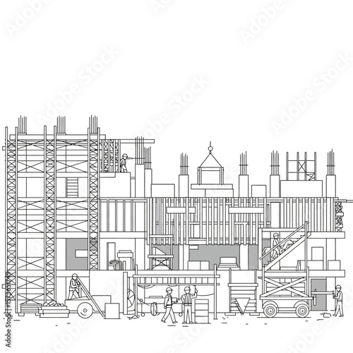 Construction site illustration showing a building under construction with workers, scaffolding, and equipment.
