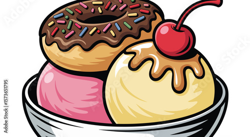 Delicious Ice Cream Sundae with Donuts and Cherry