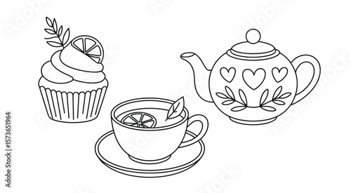 Cute Cupcake Teapot and Cup Illustration