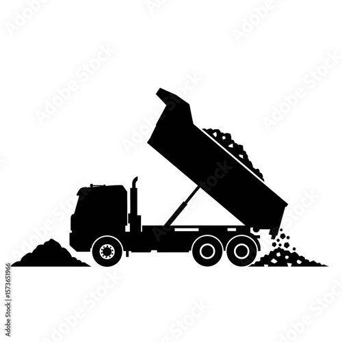 Black silhouette of a dump truck unloading materials.