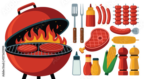 BBQ Grill with Food and Utensils Flat Icons