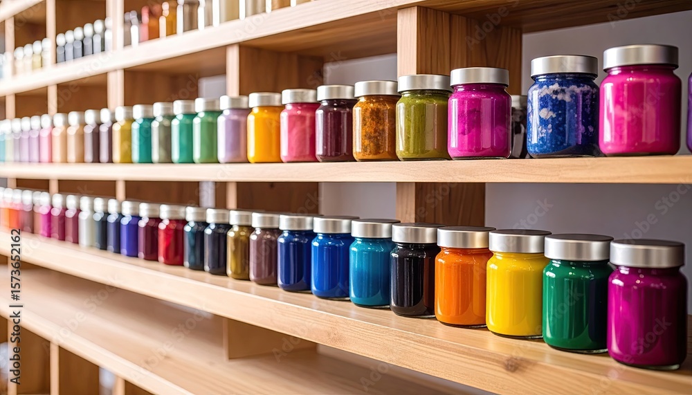 Colorful jars on wooden shelves (2) Colorful jars on wooden shelves (2)