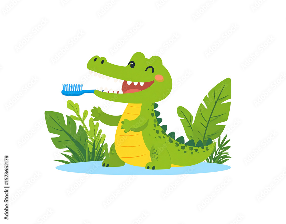 Fototapeta premium Cartoon Alligator Brushing Teeth with Blue Toothbrush Smiling and Winking.