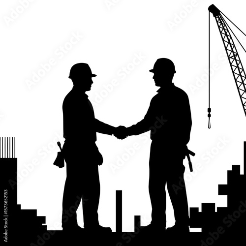 Silhouette of construction workers shaking hands, building a structure.