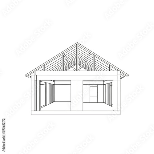 Line drawing of a house frame showing the roof, support beams, and basic structure.