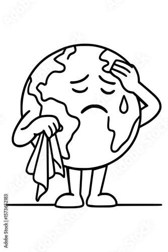 Crying Earth Character with Sweat and Tissue Isolated Line Art