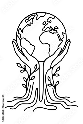 Minimalist Line Art of Hands Holding Earth with Roots