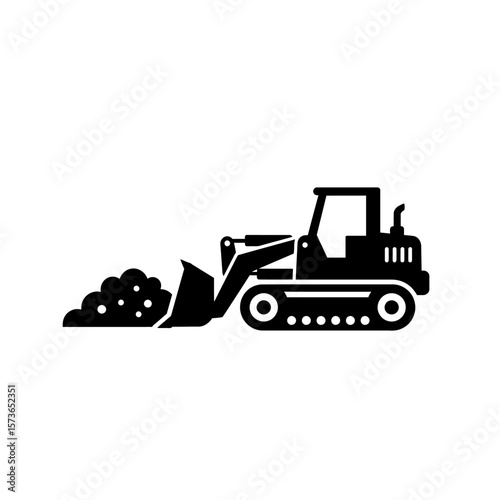 Silhouette of a bulldozer,  with its bucket full of dirt,  isolated on white background.