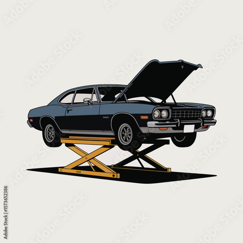 Classic Car on a Repair Lift with Hood Open