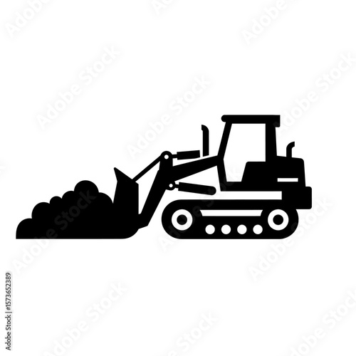Silhouette of a bulldozer scooping up earth, illustrating construction work.