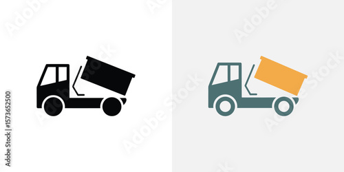 Two dump truck icons display a tilted container, one in black, one in color