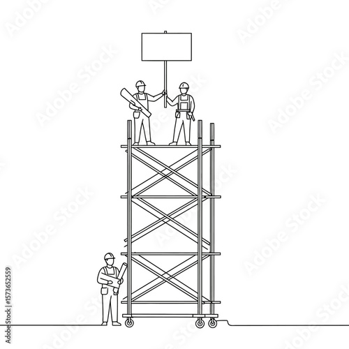 Line art illustration of construction workers on scaffolding holding a blank sign, with another worker standing below.