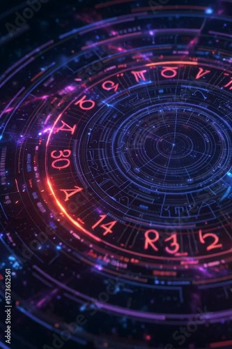 Wallpaper Mural Neon zodiac signs spinning in space, futuristic HUD glow, cosmic vibe Torontodigital.ca