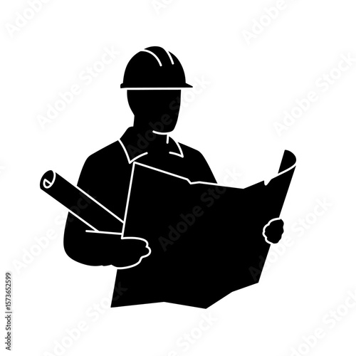 Silhouette of a construction worker reviewing blueprints.