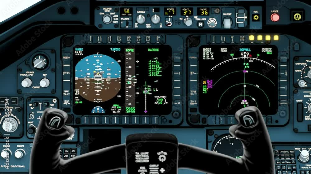 A cockpit view showing illuminated digital displays and controls in an aircraft