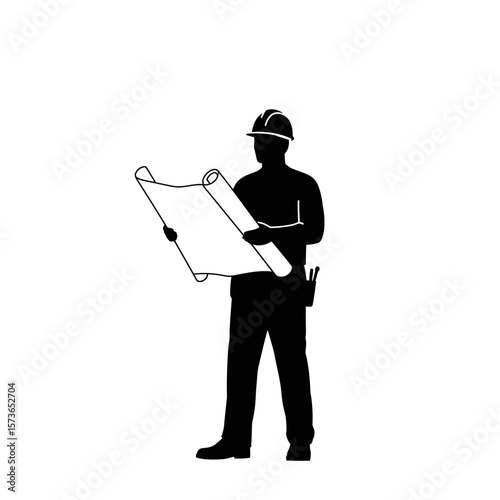 Silhouette of a construction worker wearing a hard hat, holding and examining a blueprint.