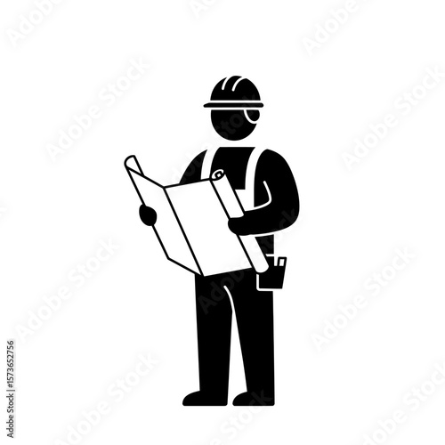 Black and white icon illustration of a construction worker reviewing blueprints.