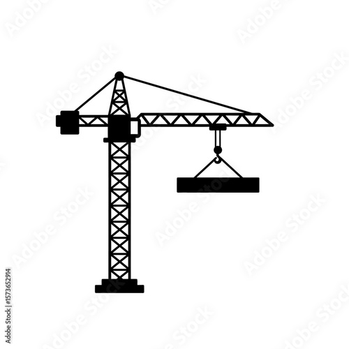 Silhouette of a construction crane lifting a rectangular object against a white background.