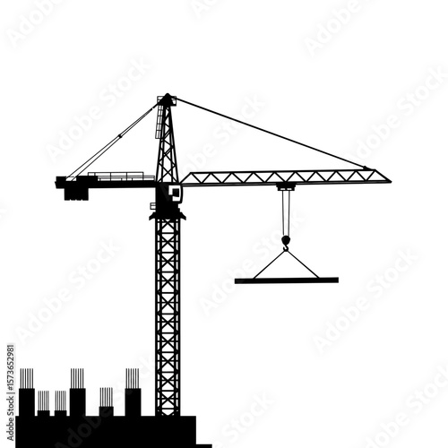 Silhouette of a construction crane lifting materials for a building project.