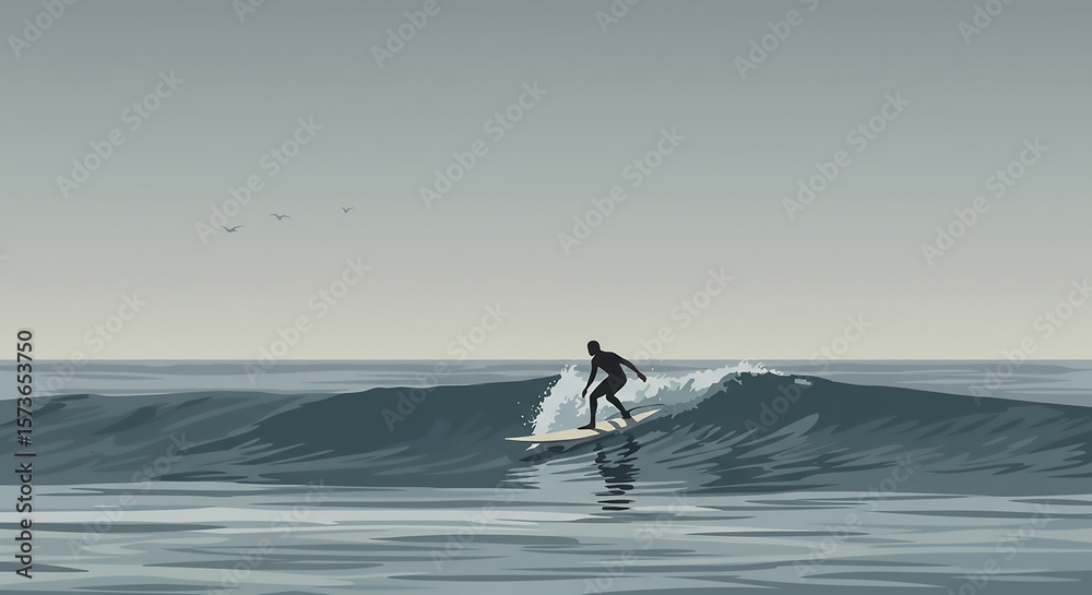 Naklejka premium A lone surfer gracefully rides a powerful, dark ocean wave under a serene, overcast sky.