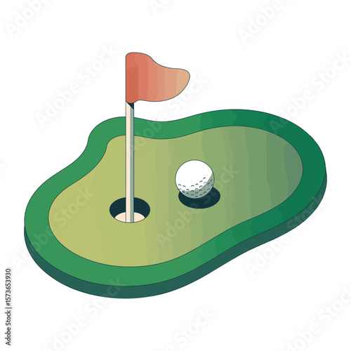 Isometric Golf Putting Green with Flag and Ball