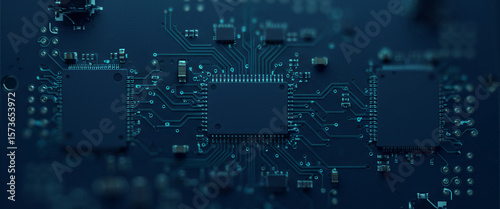 Close-up of a blue circuit board with integrated chips and electronic components, reflecting internal architecture found in modern computers and control systems
