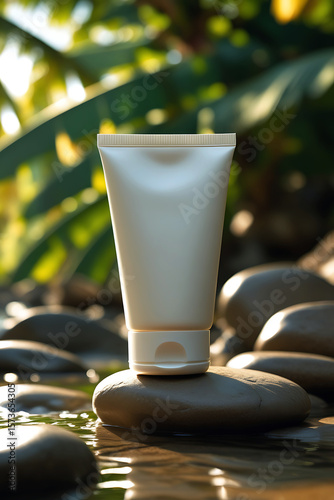 A minimalist beige cosmetic tube stands on smooth river stones in shallow water with soft green foliage in the background
