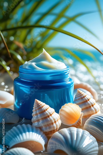Luxurious blue jar of white cream surrounded by seashells on a sandy beach with ocean and palm leaves in the background