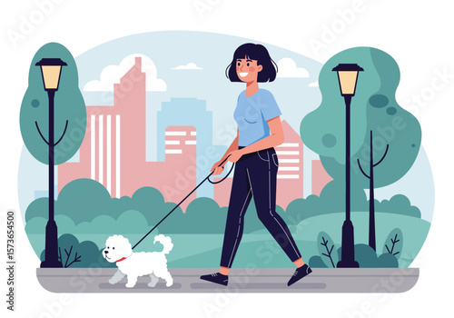 Happy Woman Walking Small White Fluffy Dog on Leash.
